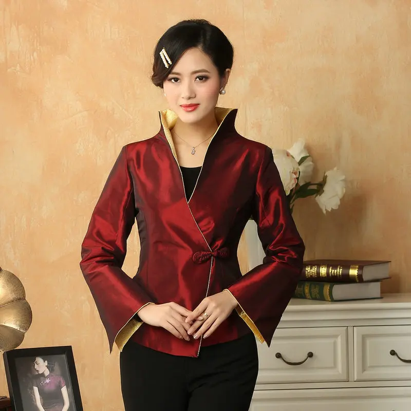 Chinese Vintage Style Women Satin Coat Single Knot Button Diagonal Placket Design Jackets Green Red Black Trumpet Sleeves Attire