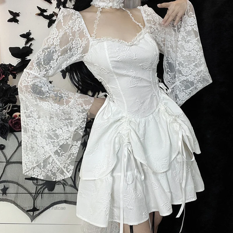 

Женское платье с рукавом-бабочкой, жаккардовое трикотажное платье в готическом стиле, цельнокроеное платье с воротником-стойкой, Y2k, новинка 2023