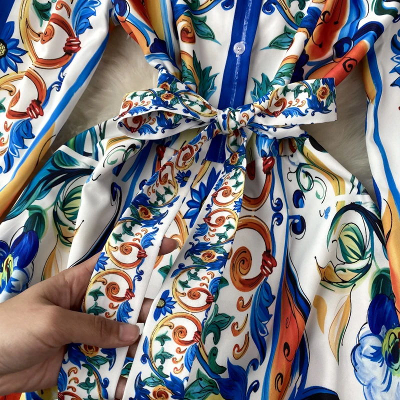 Spring Summer Runway Blue And White Porcelain Dress Women\'s Lapel Long Lantern Sleeve Belt Lace Up Ruffles Mini Vestidos N2024