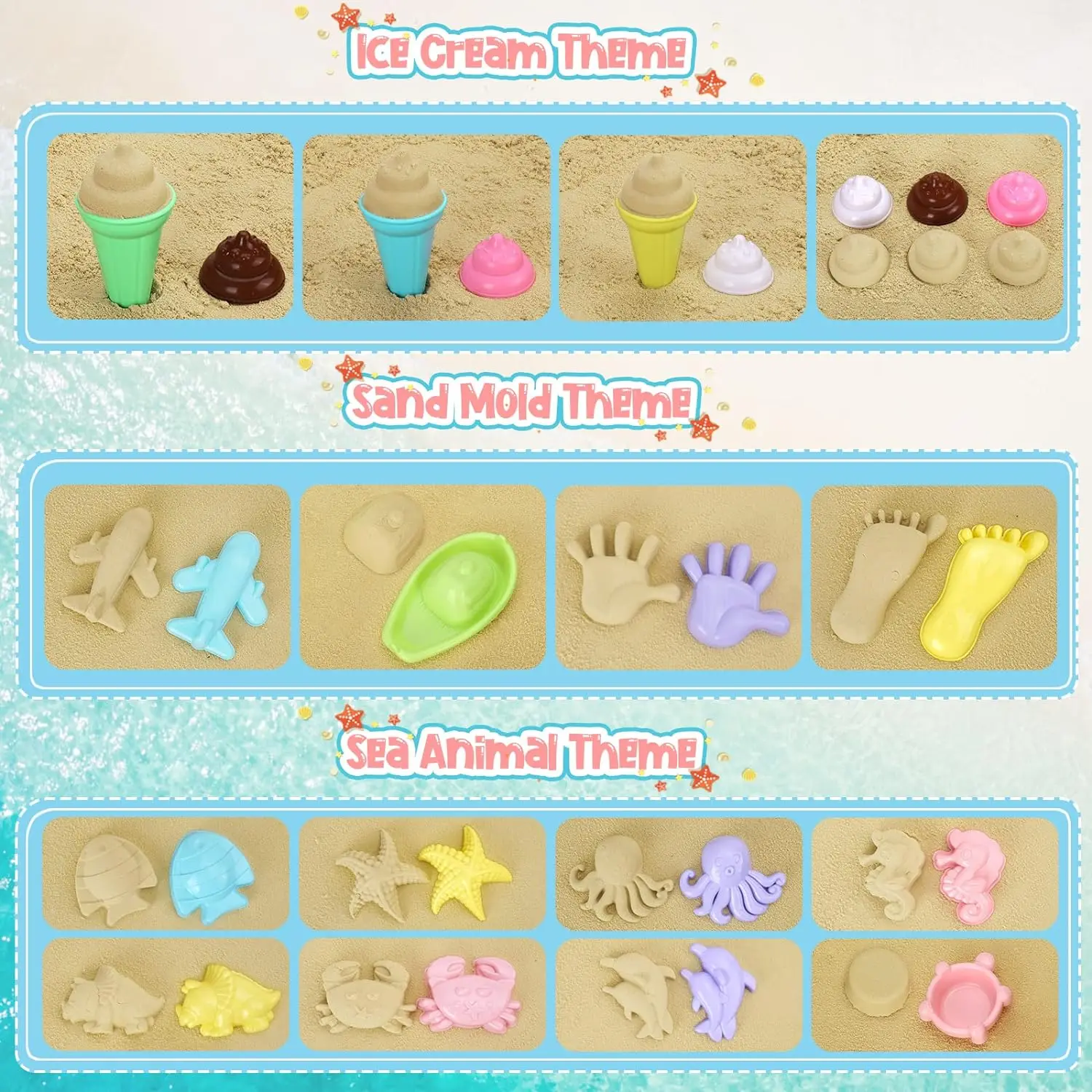 20pcs Beach Toys Set for Kids Toddlers Girls Collapsible Sand Bucket Shovels Set Mesh Bag Sand Molds Ice Cream Travel Sand Toys 3