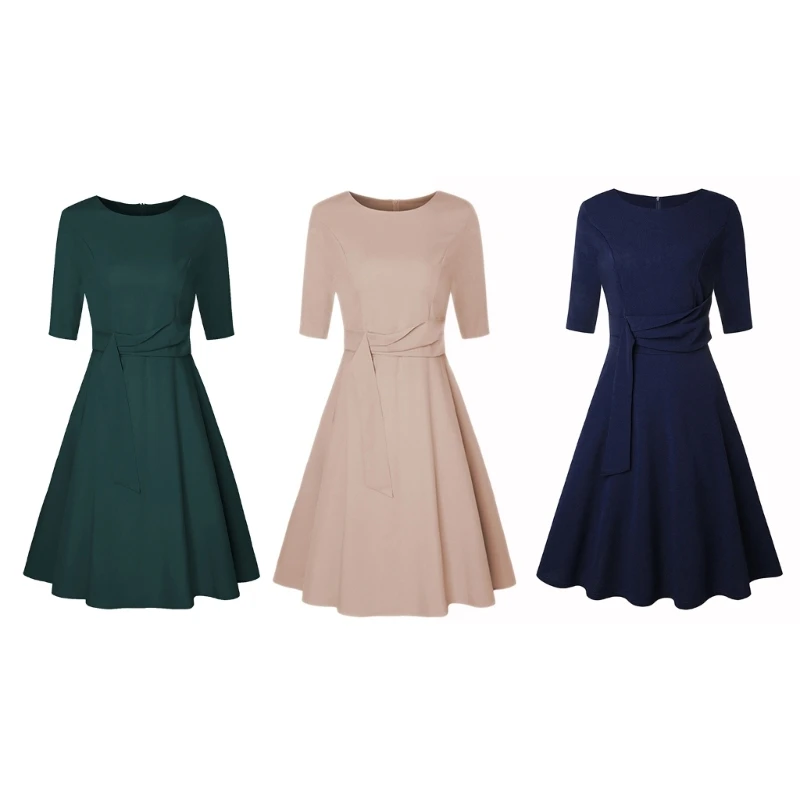 

Women's Fall Midi Dress 3/4 Sleeve Flowy Pleated Dresses Tie Waist A Line Dress