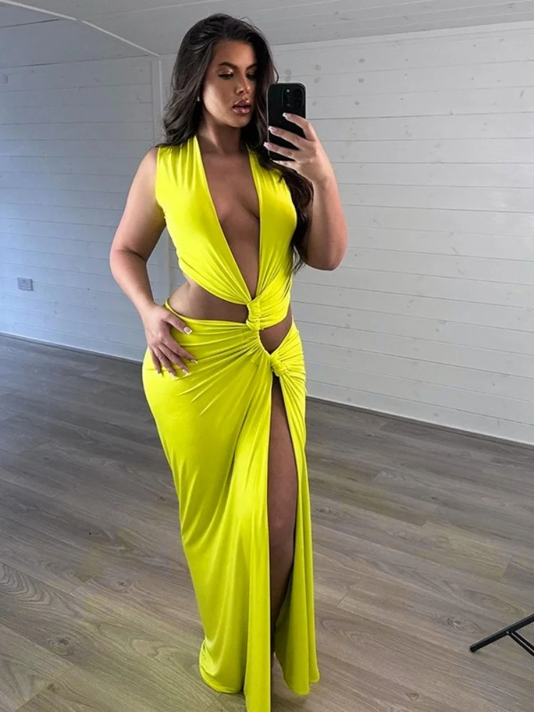 Wmstar Dress Women Wholesale A New Solid-color Sexy Deep V Shaped Cut Out Slit Figure Hugging Long Dresses for Woman  Summer