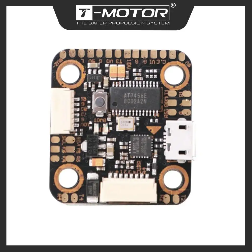 Vue de dessus du Contrôleur de Vol T-MOTOR Mini F7 MPU6000, montrant le gyroscope et les ports de connexion.