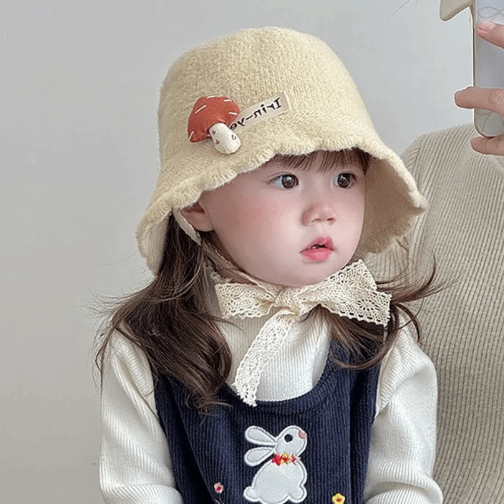 Soft Warm Knitted Hat Solid Color Windproof Curled Fisherman Cap Breathable Mushroom pattern Toddler's Knitted Hat