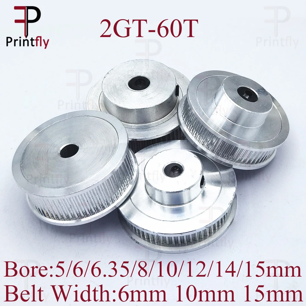 Printfly 2GT 60 teeth 2GT Timing Pulley Bore 5/6/6.35/8/10/12/14/15mm for GT2 Open Timing belt width 6mm/10/15mm 3D Printer