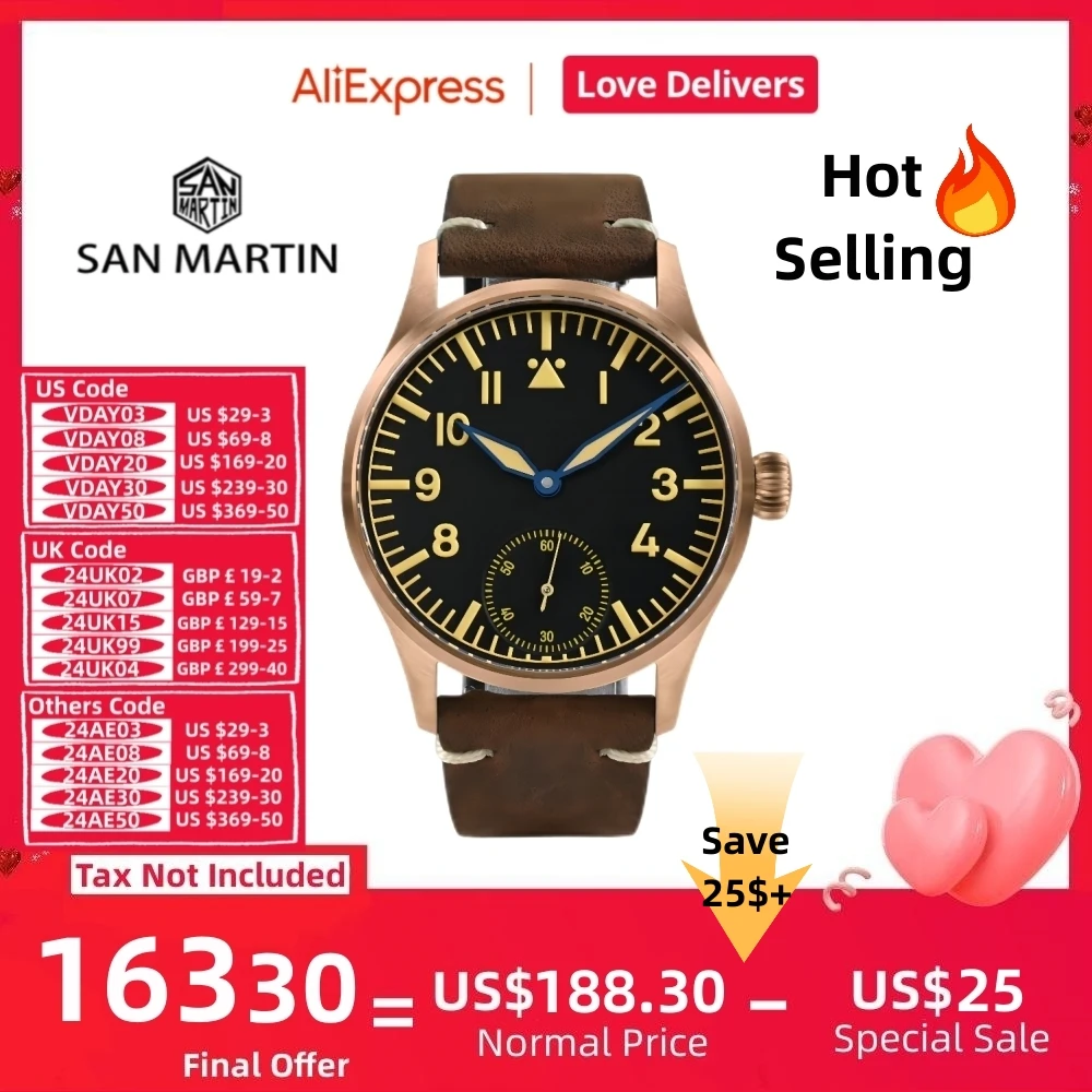 San Martin 41Mm Classic Nh35 St3621 Cusn8 Bronze Pilot Watch Meccanico Impermeabile 10Bar C3 Lume Simple Men Reloj Hombre Sn0117G