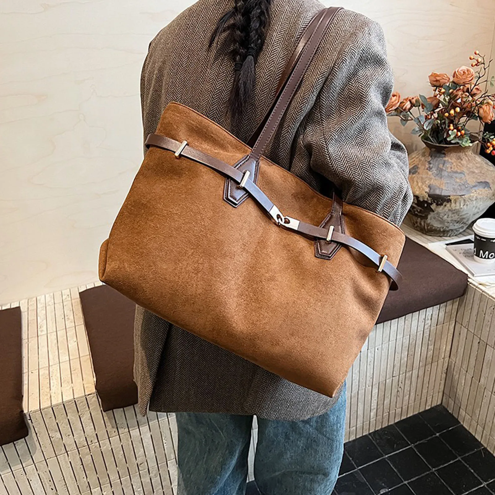 PU Leather Frosted Shoulder Bag Solid Color Simple Tote Handbag Faux Suede All-Match Underarm Bag Work Date Shopping Handbag
