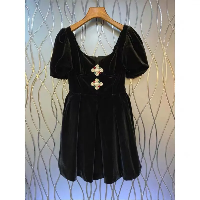 

Summer New Velvet Short Sleeve Mini Dress For Womem Diamond Decoration Sexy Square Collar Backless Short Robe