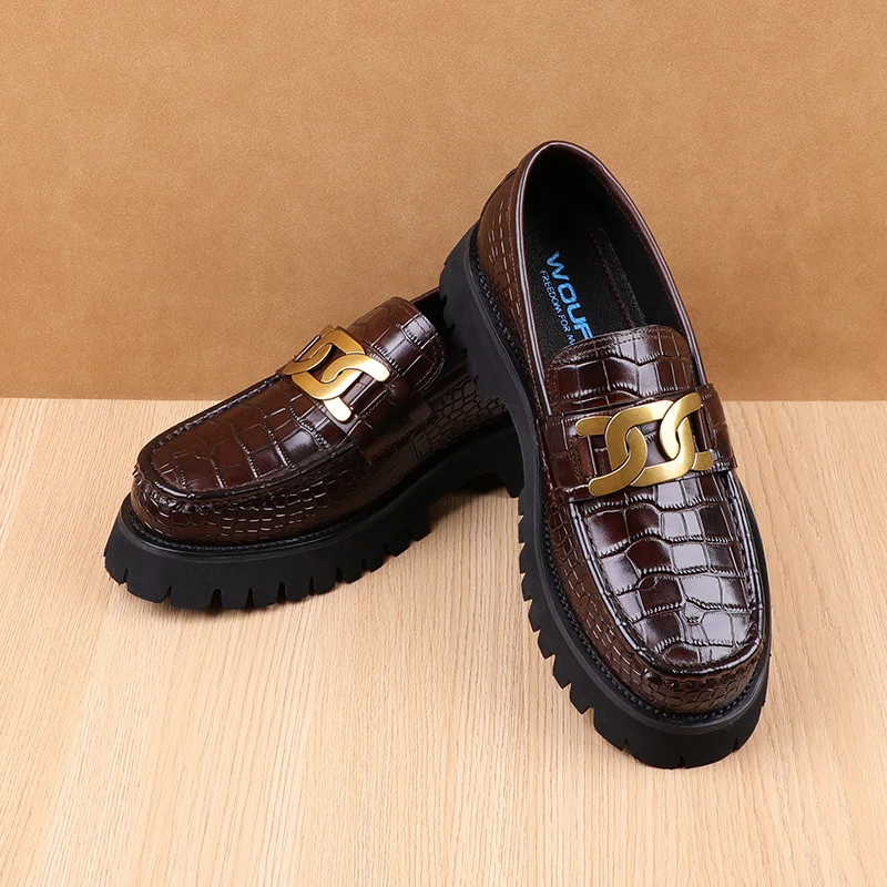 Men's shoes, thick sole, round head, embossed pattern, leather, style, high-grade wedding shoes, handmade, buckle, work we