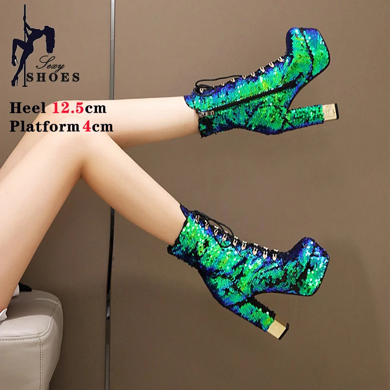 Golden Short Boots Women Platform Heels Glitter Bling Round Side Zip Block Heel Shoes Gold Silver Green Size 34-43 Botas Mujer