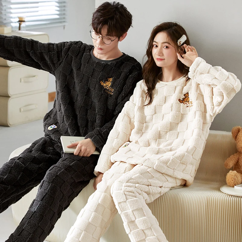 Winter and Autumn Couple Pijamas Set For Men Women Coral Fleece O Neck Homewear Man Pjs Female Pijamas Suit Pyjamas Home Clothes pajamas sets for women round neck casual coral fleece pyjamas suit 2piece set long sleeved trousers home clothes homewear