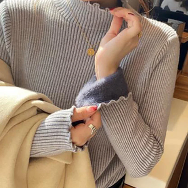 가을 겨울 여성 프릴 모의 목 스웨터 여성을위한 두꺼운 양털 따뜻한 열 풀오버 캐시미어 스웨터 2023
