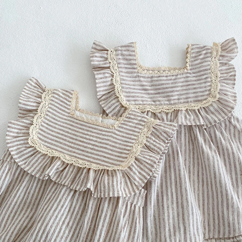 0-6Yrs Fashion Baby Girls Clothes Girls Dress Striped Lace Summer New Baby Girl Romper Sister Matching Outfit Princess Dresses 4