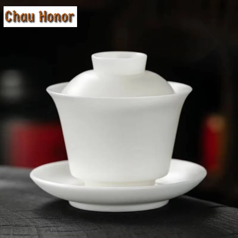 150ml High End Ice Jade White Porcelain Gaiwan Elegant Tea Lid Set Tea Tureen Household Tea Making Cover Bowl for Tea Decoration