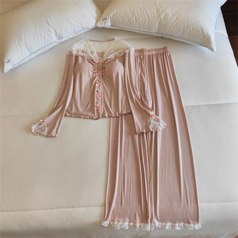 High Quality Women's Pajamas Set Chest Pad Modal Sleepwear Soft Comfortable Home Clothing Long Sleeve Ladies Pijamas De Mujer