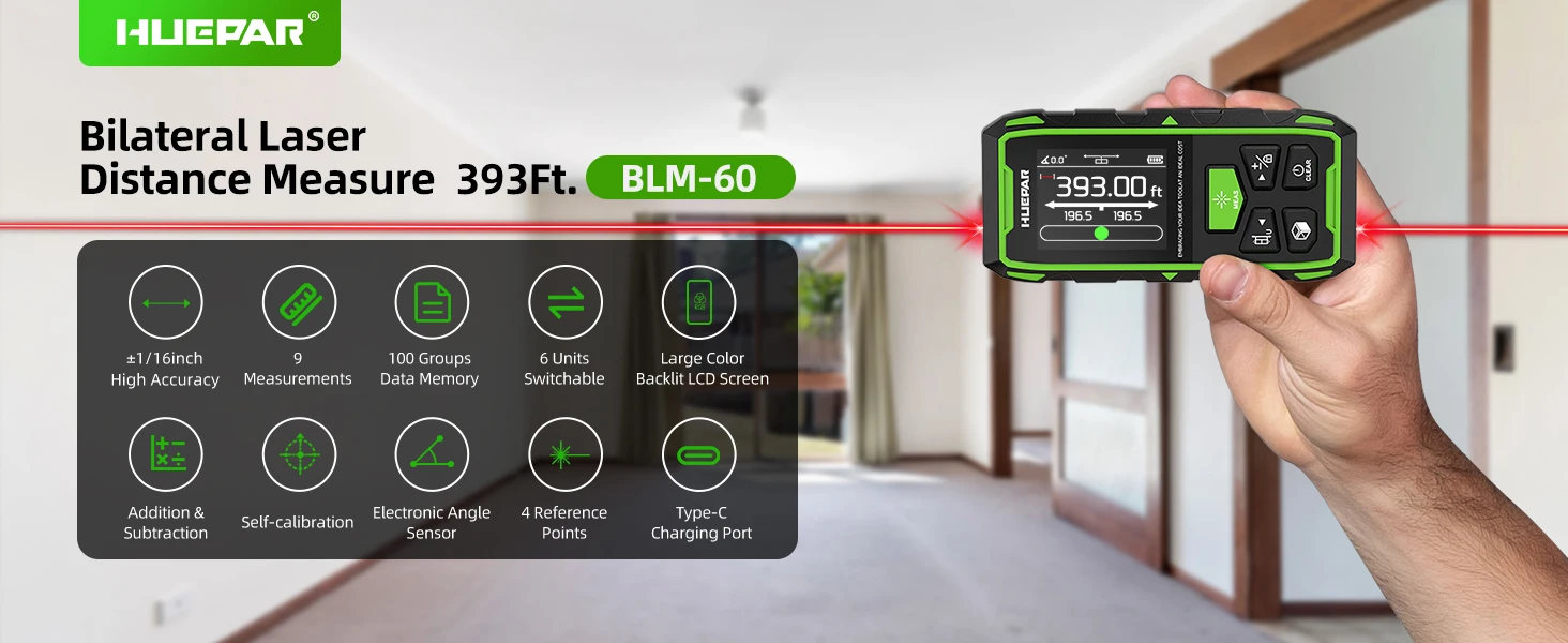 Professional Dual Laser Measuring Tool 393ft, Rechargeable Bilateral Laser Measu