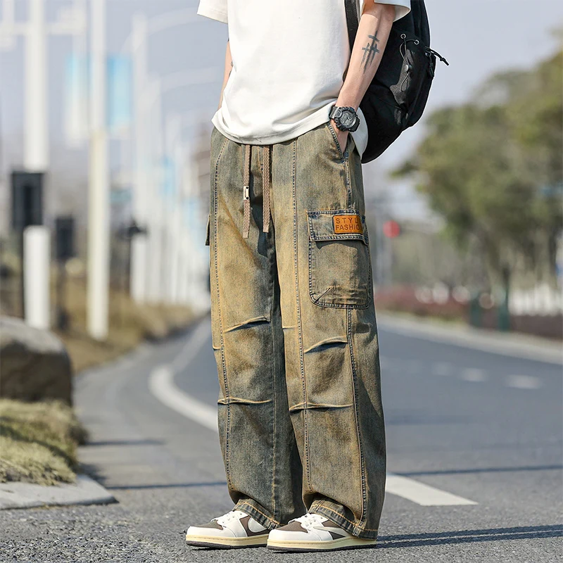 Spring New Wide Leg Washing Jean Cargo Pants Men Street Trousers Neutral Solid Color Loose Casual Thin summer pants Big Size 8xl 4