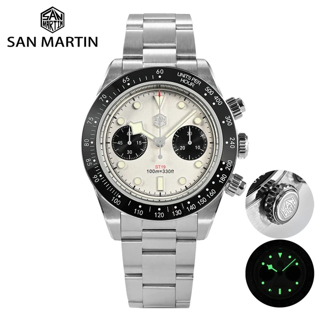 San Martin Men Sports Watch 40mm Panda BB Chronograph Retro Luxury Seagull ST1901 Manual Mechanical Sapphire 10Bar Luminous 1