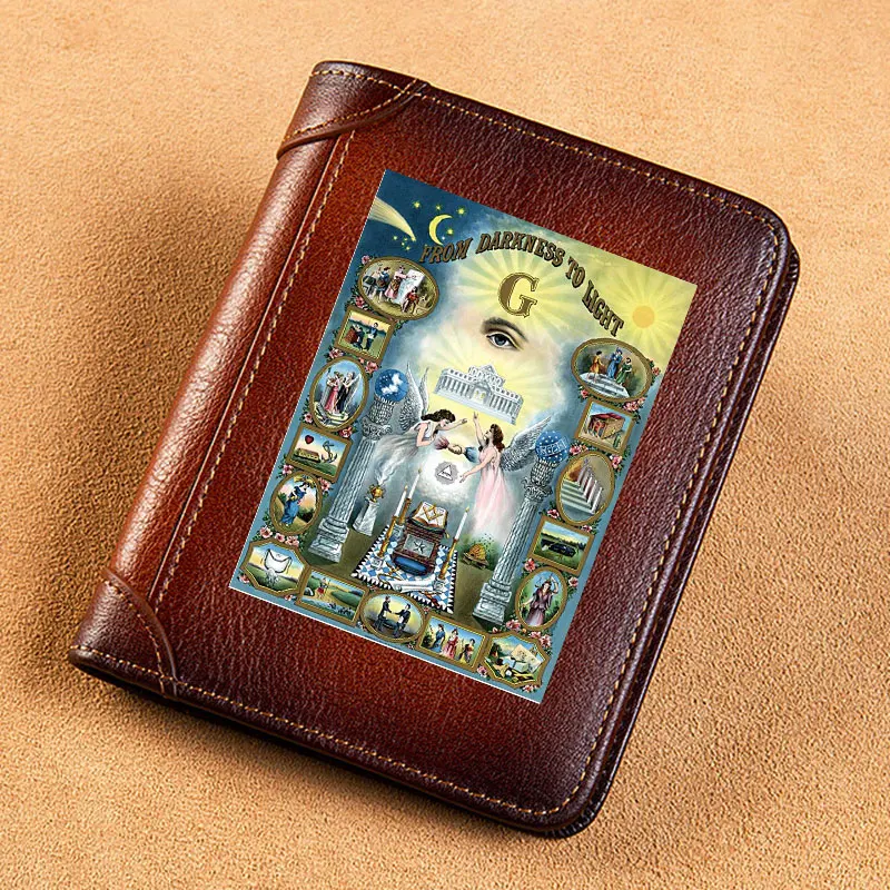 Vintage High Quality Genuine Leather Wallet Freemason From Darkness To Light Printing Standard Short Purse BK3523