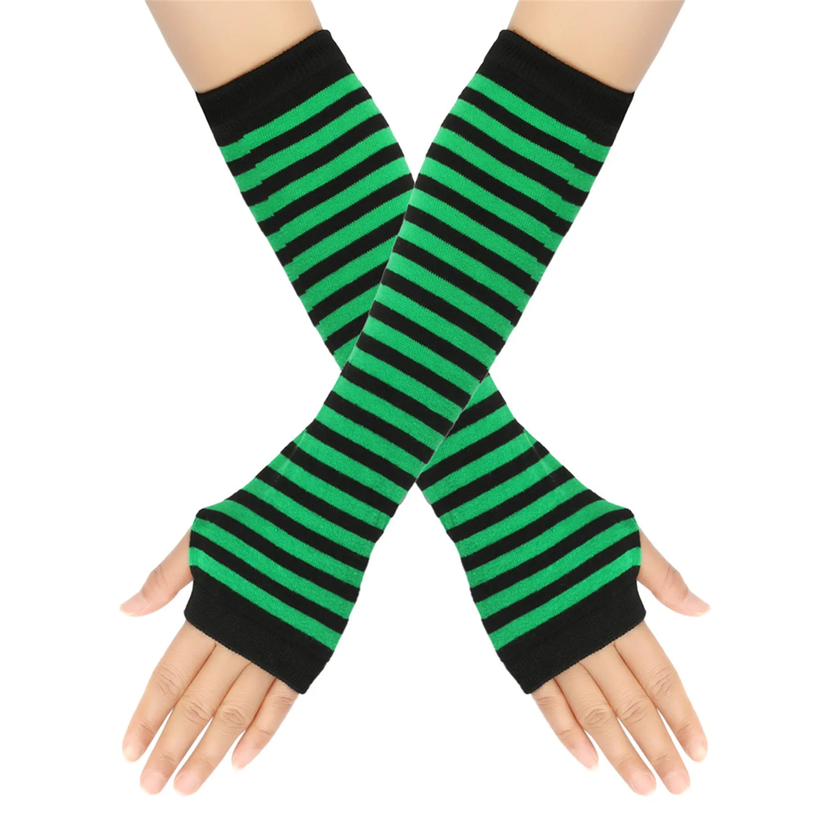 Fingerless Gloves Long Arm Cover Striped Knitted Wristband