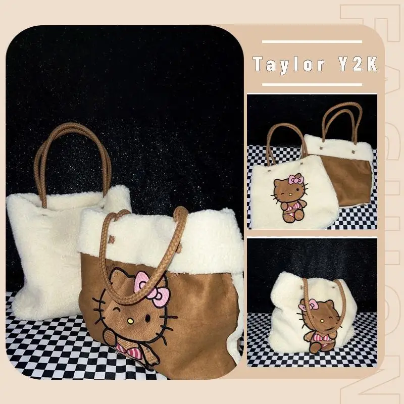 

Sanrio Hello Kitty Plush Tote Bag Anime Figure Y2K Girls' Double-Sided DIY Shoulder Bag Fashion Kawaii High Capacity Backpack