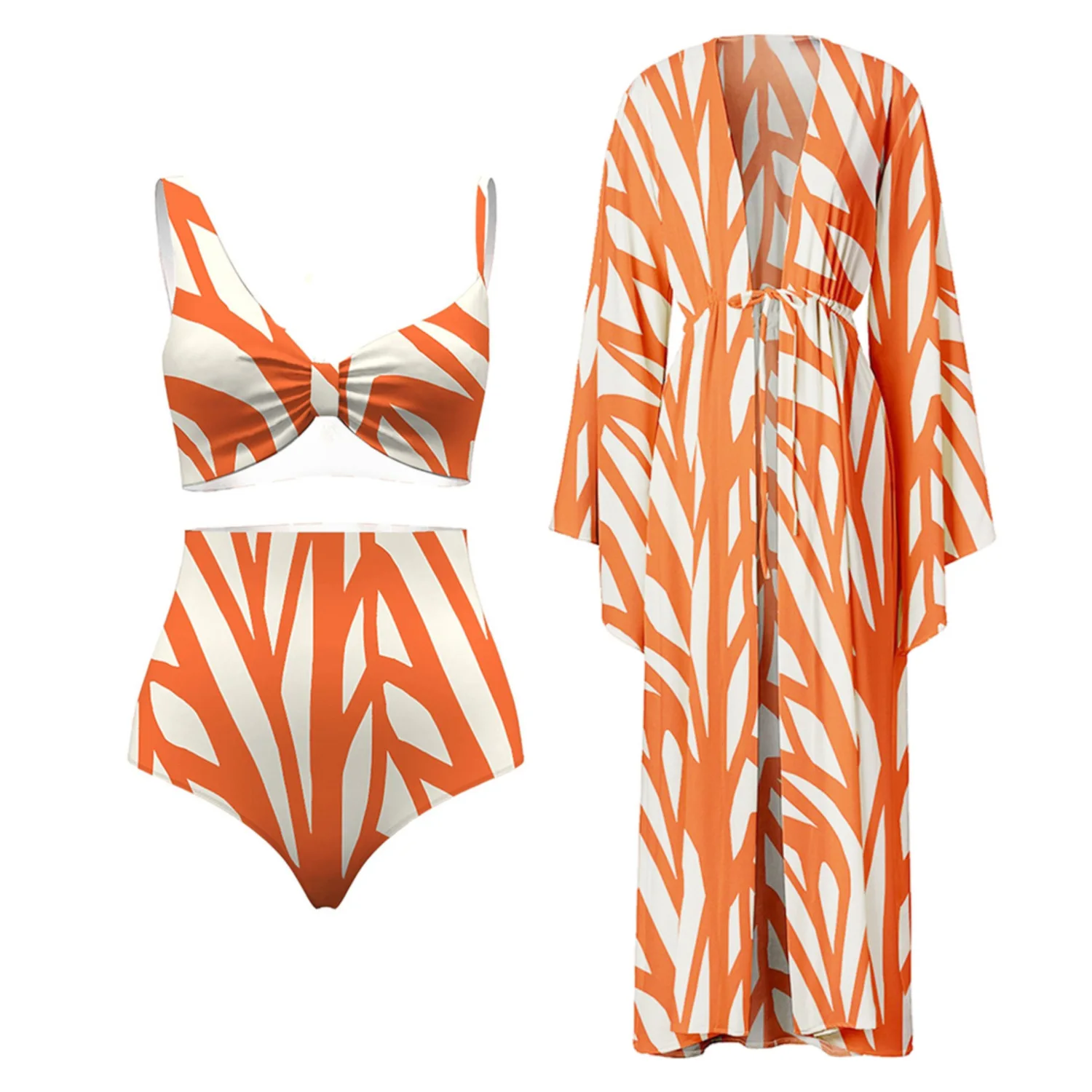Women-Swimsuits-Orange-Abstract-Art-Style-Printed-Bikini-with-Different