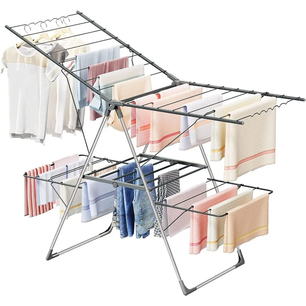 

Bigzzia Clothes Drying Rack Foldable, 2-Level Large Laundry Drying Rack Collapsible, Stainless Steel Drying Rack Clothing