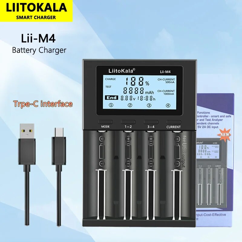  LiitoKala Lii-M4 18650 LCD Display Smart Charger Test Capacity Suitable For 3.7V 26650 18350 21700 18500 1.2V AA AAA 4 Slots 