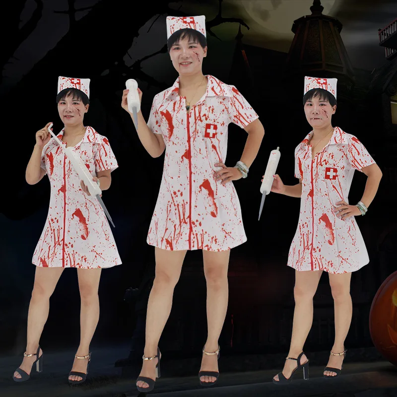 Teen Girls & Women Halloween party Horror Nurse Zombie Costume Scary Bloody White Dress Uniform Fancy Clothing Outfit For Female