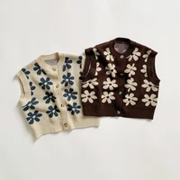 Autumn Baby Knit Vest Retro Flower Sleeveless Garment Kids Cardigan for Girls Boy Sweater Children Clothing Fashion Baby Clothes 1