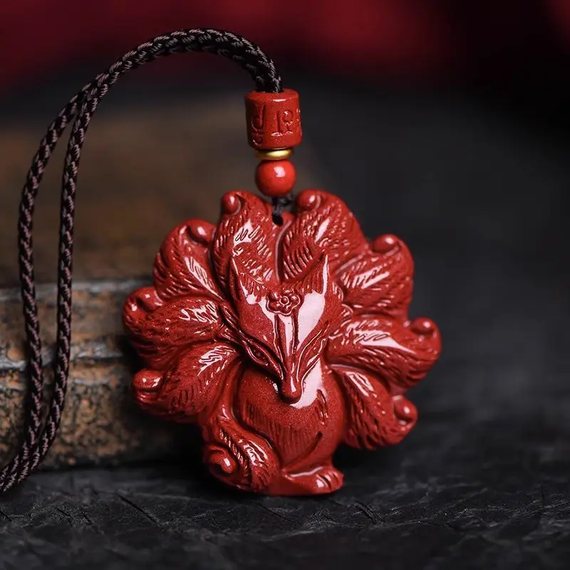 Natural Raw Gemstone Cinnabar Nine-Tail Fox Men's Pendant Pendant Genuine Goods Necklace Female Fox
