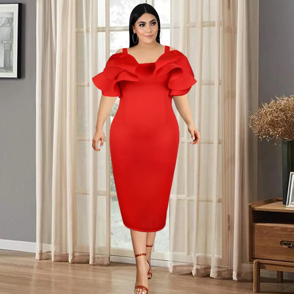 

Women Red Bodycon Dresses Ruffles Stylish Party Event Midi Dress Elegant Slim Vestido African Date Out Celebrate Occasion Robes