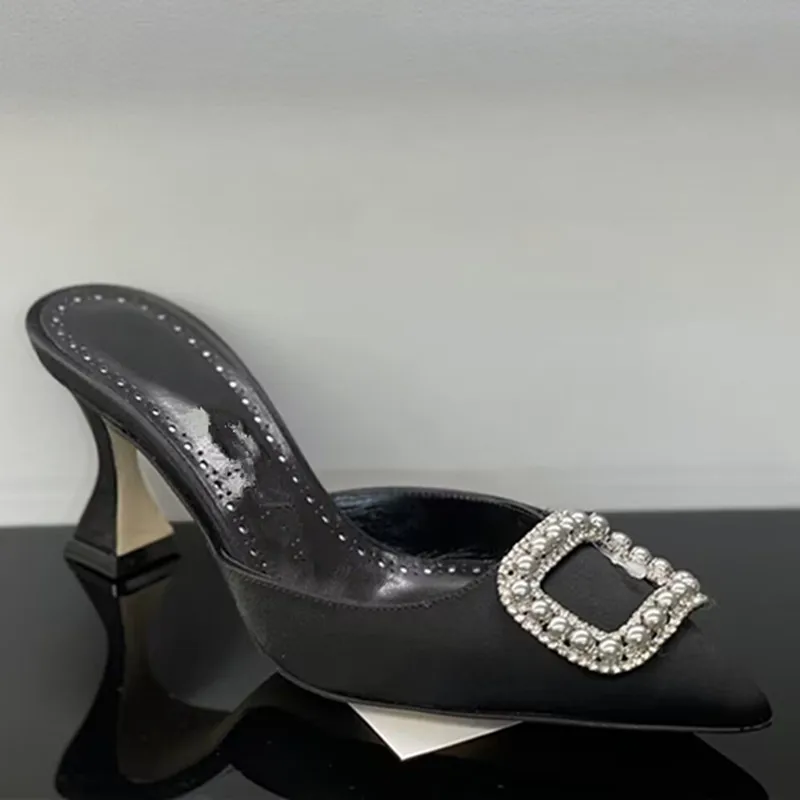 Women's slippers Spring/Summer 2023 New style high heel rhinestone square button pointy fashion banquet thin heel Baotou slipper