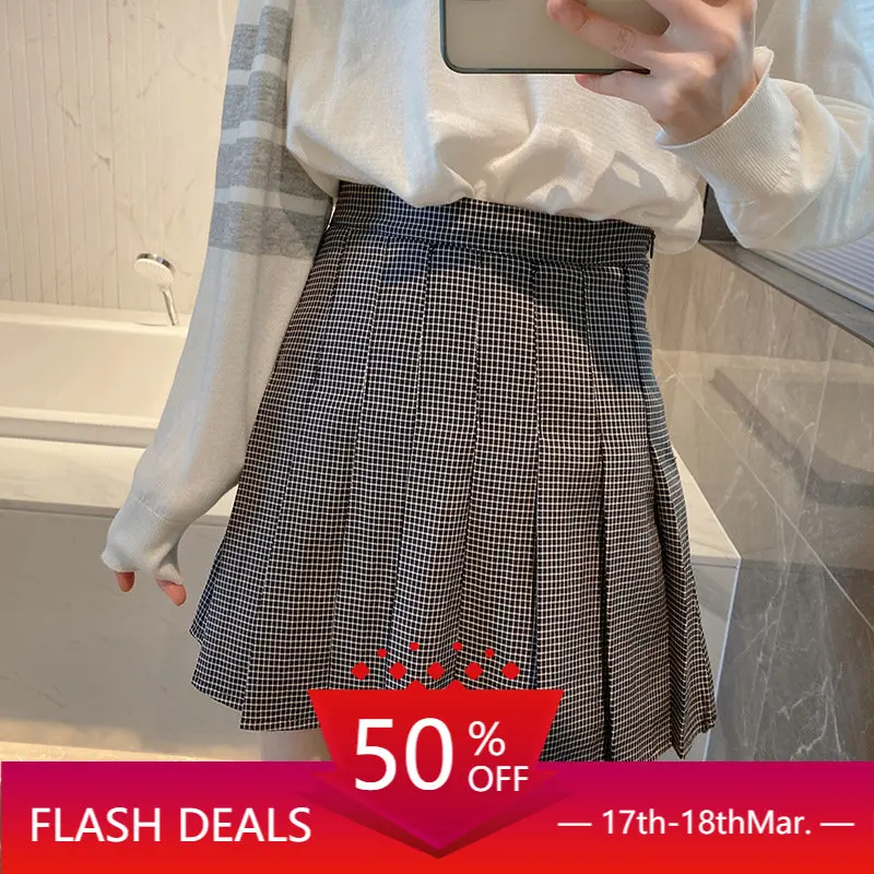 High Quality Korean Academic Pleated Skirt Spring New Vintage Hong Kong Style Checked Short Skirt High Waist Small A-Line Skirt