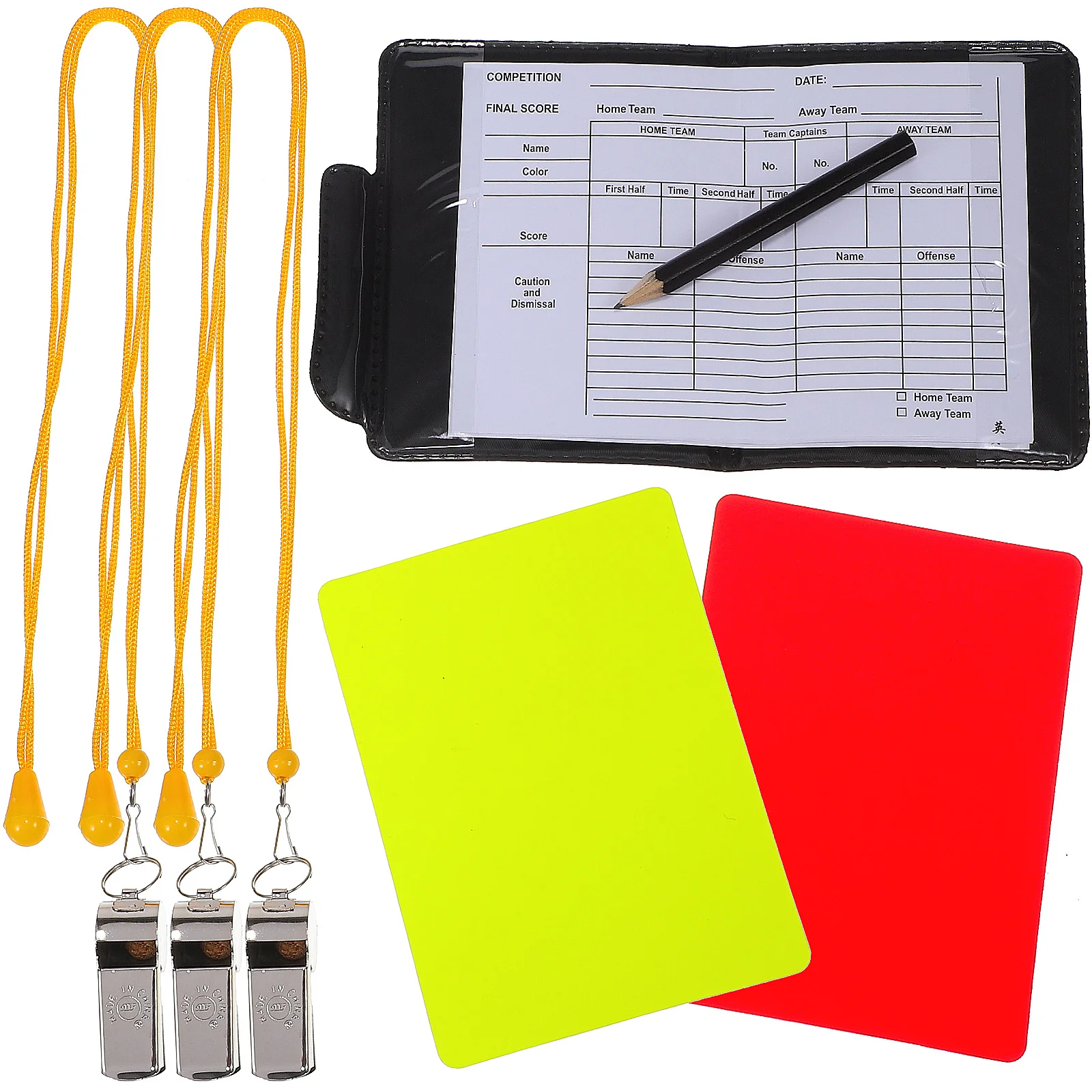 

Match Referee Set Standard Cards Soccer Kit Competition Pencil Black Suit Whistles Red Yellow Pvc