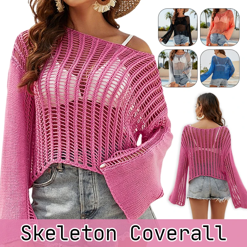 

Multicoloured Sexy Flare Sleeve Hollow Out Knitted Tops Beach Blouse Women Bikinis Cover-ups Swim Beach Wear Solid Color Girls