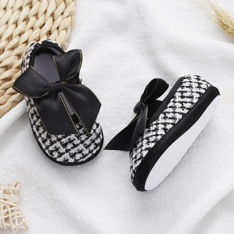 Newborn Baby Shoes Baby Boy Girl Princess Shoe Black White Checkered Bow Anti-slip Toddler First Walkers Infant Girl Shoes 0-12M 5