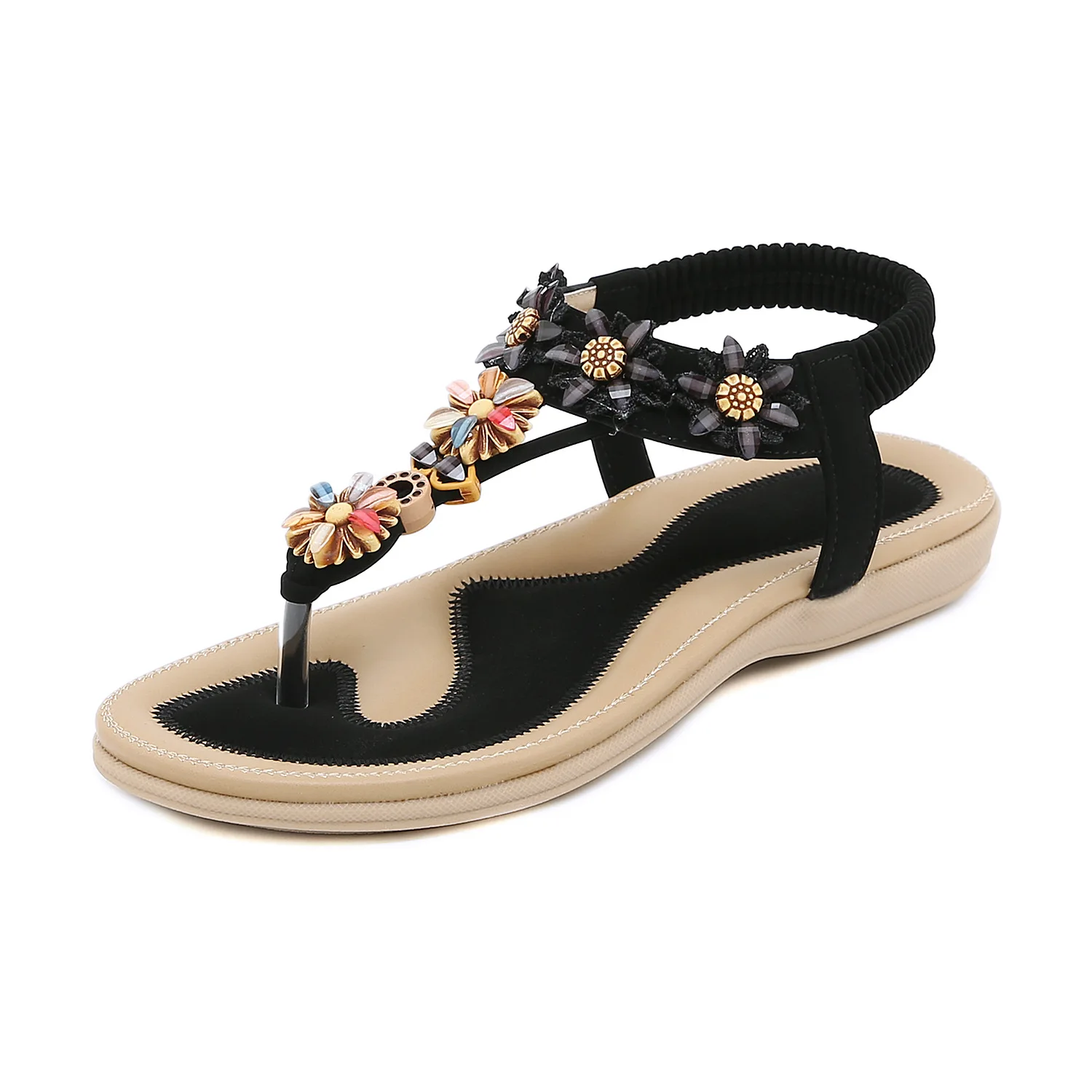 2024 Wholesale Summer New Rhinestone Flower Embroidered Line Flat Sandals Large Size Women Shoes