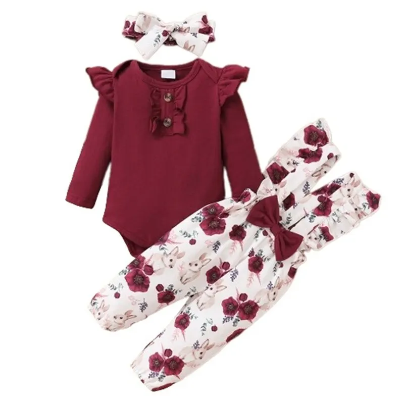 Set di abbigliamento natalizio per neonate, 3 pezzi, a maniche lunghe, con tutina + pantaloni + fascia per capelli, con lettera di Babbo Natale, top e pantaloni per bambini, Rosso 6., 12-18 Months