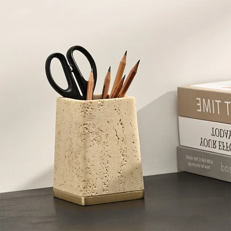 1pc Natural Yellow Cave Stone Storage Box, Creative Desktop Pen Holder Ornaments, Home Decoration, Makeup Brush Storage Jar 2
