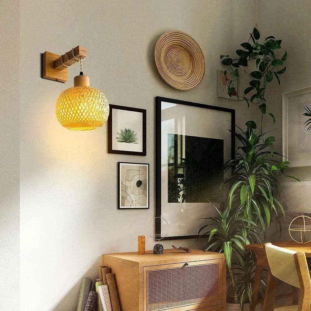 Retro Bamboo Bedside Wall Lamp E27 Lighting Fixture for Living Room Kitchen Loft Internal Wall Sconce Home Decoration Lighting led wall lamp wall light