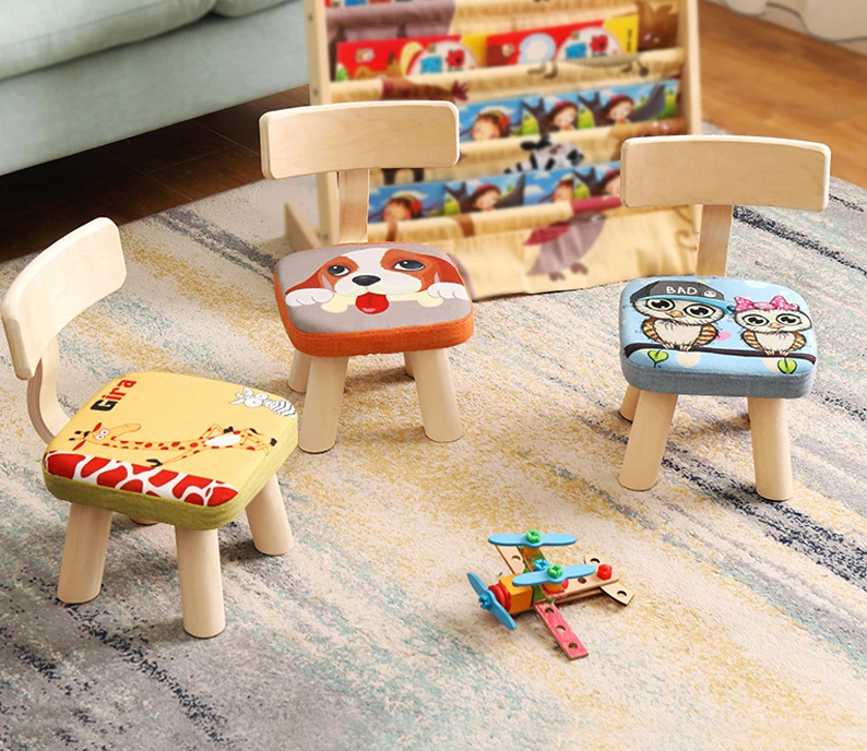 Childrens Chairs with Solid Wood Backrests Low Stools for Household Use Baby Seats Baby Anti Fall Cartoon Cute Small Benches