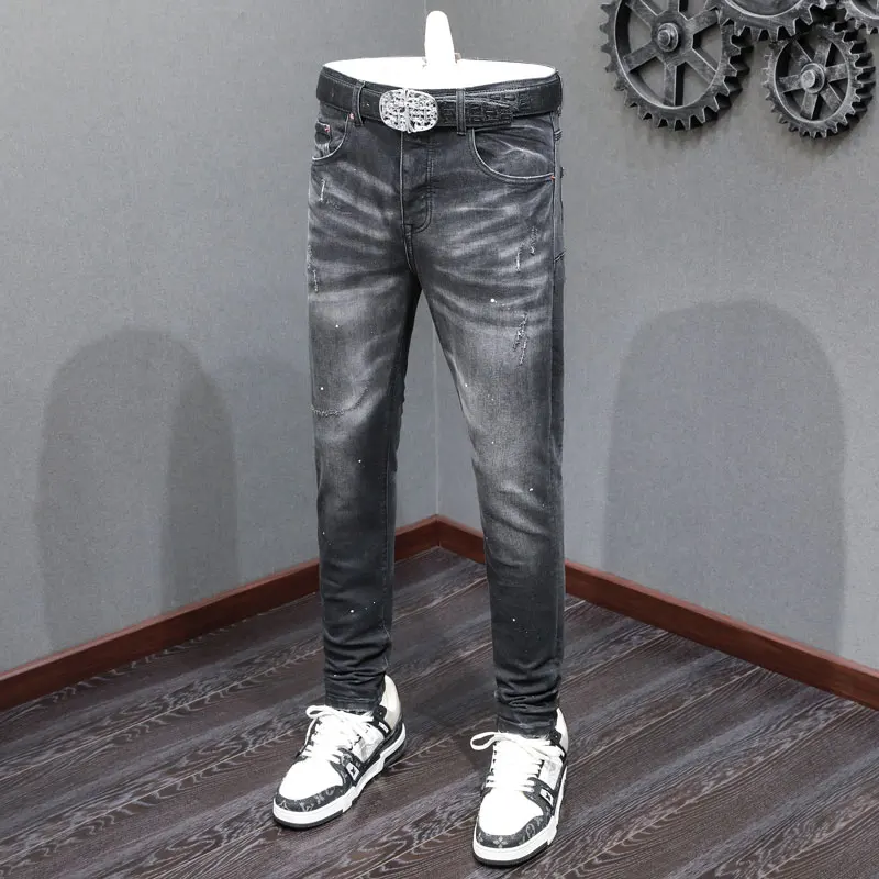 High Street Fashion Men Jeans Retro Black Gray Stretch Skinny Fit Ripped Jeans Men Painted Designer Hip Hop Brand Pants Hombre