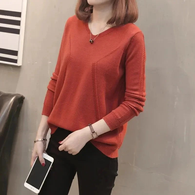 

2024 New Sweater Pullover Korean Loose Style Top V-Neck Underlay Knitwear Autumn/Winter Fashion Women Pullover Solid Color Knit