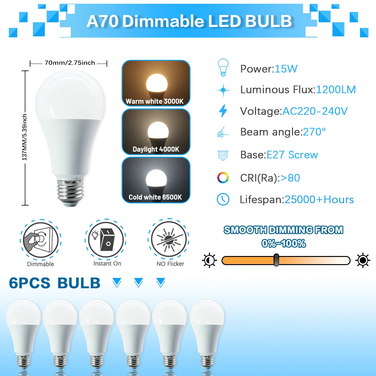 ตัวเลือกสินค้า หลอดไฟ LED ปรับแสงได้ 1-10 ชิ้น ขั้ว E27 รุ่น A70 ความสว่างสูง 15W 1200LM 3000K/4000K/6000K แสงเย็น ปราศจากการกระพริบ เหมาะสำหรับใช้ในบ้าน
