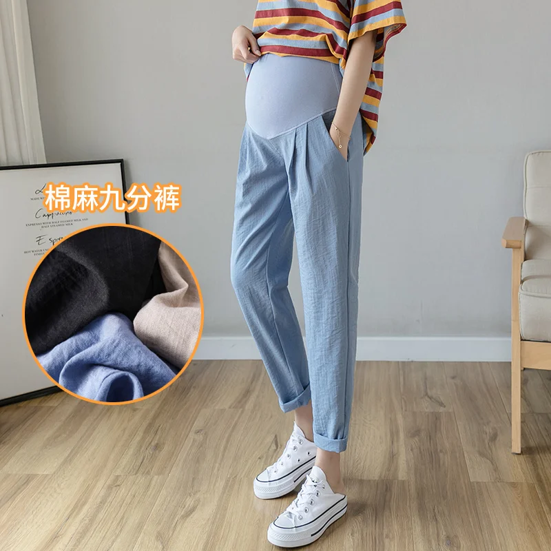 Linen Maternity Pants Spring Summer Thin Breathable Elastic Waist Belly Clothes for Pregnant Women Casual Pregnancy Trousers