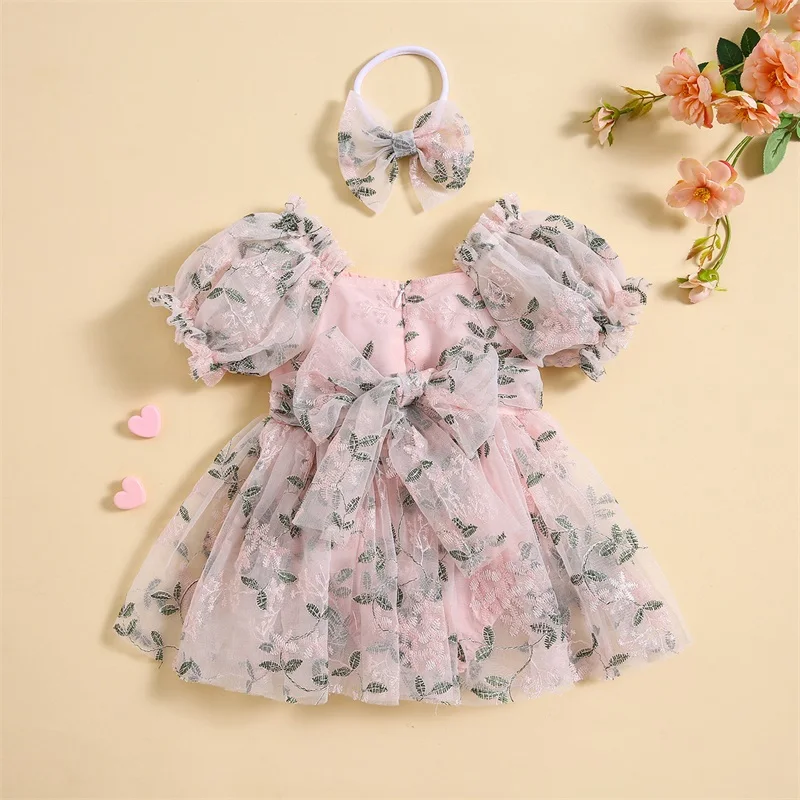 

Listenwind Newborn Girl Outfit Puff Sleeve Embroidery Leaves A-line Romper Dress with Bowknot Headband Clothes
