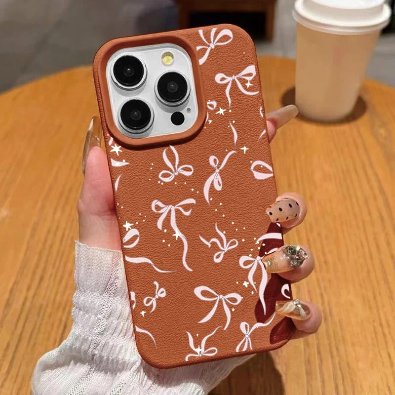 Leather Cute Pink Star Bow Pattern Phone Case Cover