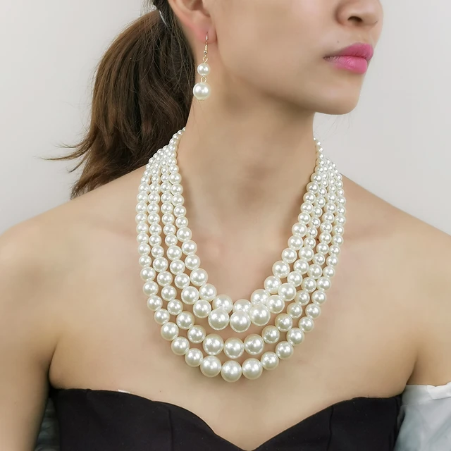 Stunning Two-Layered Gold Plated Pearl Necklace and Earring