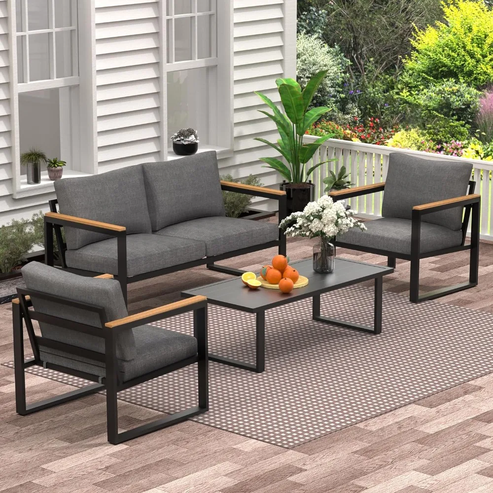 

4 Pieces Outdoor Patio Furniture with Table Set, Metal Patio Conversation Sets Washable and High-Resiliency Sponge Cushions